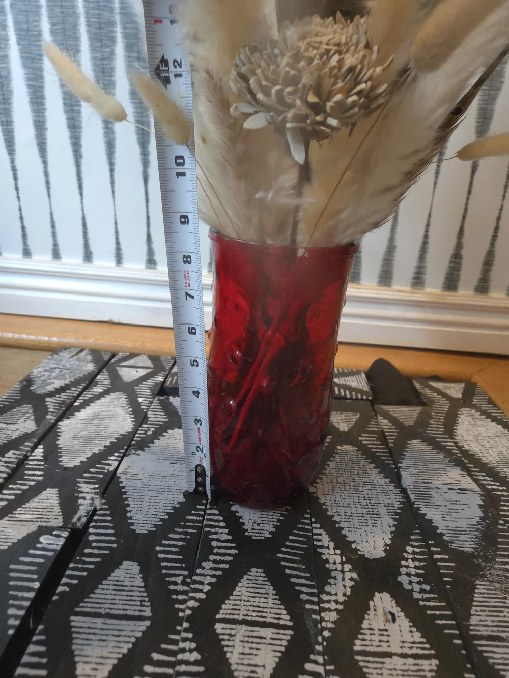 Vintage Ruby Red Embossed Glass Vase – Textured Cylinder Flower Vase Home Décor